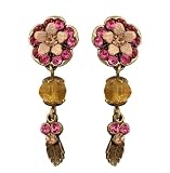 Michal Negrin Earrings with Hand-Painted Flowers, Leaves, Beads, Fuchsia and Beige Swarovski Crystals - Victorian Style