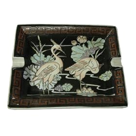 Asian rectangular plate ashtray, Longevity Crane design - hand painted porcelain(#435),... by Reorient