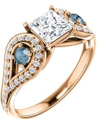 14K Rose Gold Round Cut White and Blue Diamond Ring -- LIFETIME WARRANTY