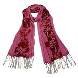 100% Pashmina/Cashmere Red Hibiscus Flower Tassel Ends Long Scarf Shawl