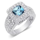 Gorgeous 1.50 carats total weight Cushion Cut Checker Board London Blue Topaz & White CZ Size 6 Gemstone Ring in Sterling Silver