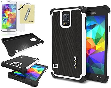 Galaxy S5 Case, Cover - Double Armor Two Layer Hybrid With Soft Silicone Rubber Inside And Detachable Hard Polycarbonate (PC) Plastic Outside Shell, Shockproof, Heavy Duty, Low Profile, Attractive Appearance, by GidCell - [Includes: 1 Case, 1 Screen Protector, 1 Stylus Pen, 1 Cleaning Cloth] - [White]