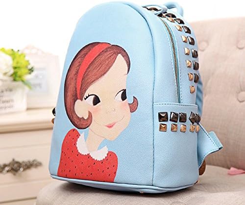Bvlbavly New Fashion Cartoon Soft Pu Leather Rivet Decoration Backpack for Teenage Girl Colleage School Student Book Shoulder Bag Travel Schoolbag (Blue)