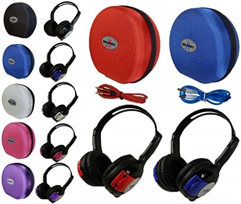 2 Pack Kid Sized Wireless Infrared Universal Car DVD IR Automotive Colored Adjustable 2 Channel Headphones With Case and 3.5mm Auxiliary Cord