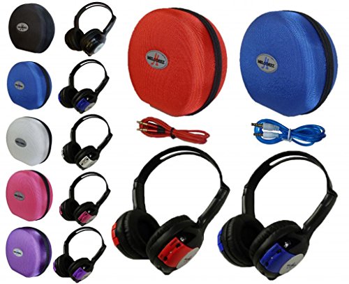 2 Pack Kid Sized Wireless Infrared Universal Car DVD IR Automotive Colored Adjustable 2 Channel Headphones With Case and 3.5mm Auxiliary Cord