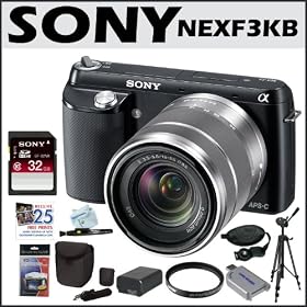 Sony NEXF3KB DSLR Camera Black + 32GB Secure Digital Memory Card + Sony Case + Tiffen Filter + Extra Battery + Full size Tripod + Accessory Kits