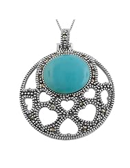 Sterling Silver Round Turquoise and Marcasite Multiple Heart-shaped Hole Necklace (18 inch)