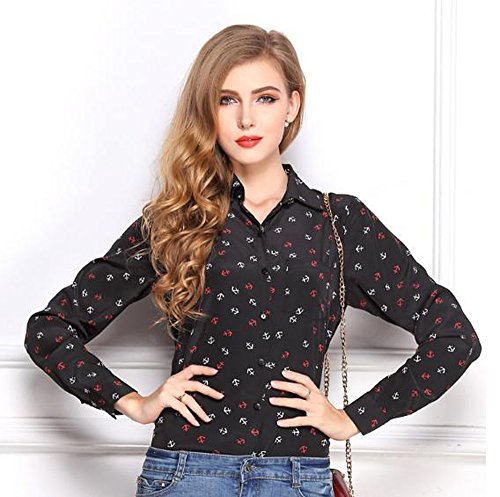 シャツ カジュアルシャツ ブラウス 大きい サイズ 有 マリン シャツ 長 袖 トップス イカリ 柄 黒 (オリジナル・ブレスレットとサシェセット)