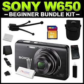 Sony Cyber-shot DSC-W650 16.1 MP Digital Camera with 5x Optical Zoom and 3.0-Inch LCD (Black) Beginner Bundle Package includes (Charger, Battery, 8GB SD Card, Tripod, Camera Case, Card Reader, Card Wallet & Cleaning Kit)