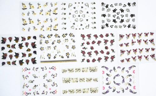 10pcs/package nail stickers decals multi mix designs including glitter butterflies/glitter flowers/black flowers/colorful flowers/heart/black and white flowers with gold/french semi-paste nail decals/etc.