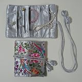 Silky Brocade Jewelry Travel Organizer Roll Pouch - Silver Grey