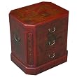 Handmade Oriental Furniture - 24" Antique Style Red Leather 3-Drawer End Table - Oriental Poem