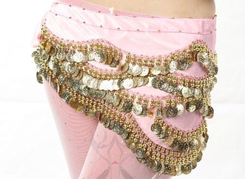 Multi-Row Gold Coins Belly Dance Wrap &amp; Hip Scarf (Pink)
