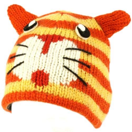 100% Wool Nepal Winter Cute Cat w Ears Animal Fleece Lined Beanie Ski Cap Hat