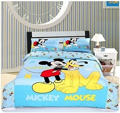 Mickey Mouse and Goofy "I'm a Winner" Math and Alphabets- Blue Yellow - 4 Piece Queen Duvet Set - Cotton - 600 Thread Count