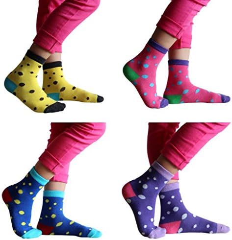Better Vie Girl's Fashion Design Polka Dots Cotton Crew Socks 4 Pack 7-12 year
