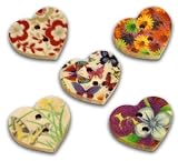 Pack of 25 Mixed Multicolour Flower Print 2 Holes Heart Wooden Buttons, for Sewing, Scrapbooking, Embelishments, Crafts, Jewellery making, shabby chic, Knitting, 17x15mm