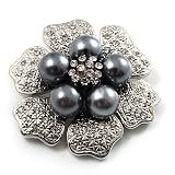 6-Petal Pearl Style Floral Brooch (Silver&Dark Grey)