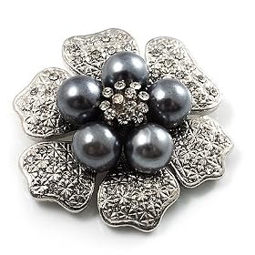6-Petal Pearl Style Floral Brooch (Silver&Dark Grey)