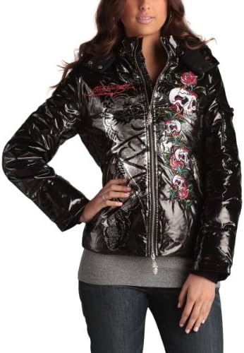 Ed Hardy Womens Skull Roses Puffer Jacket -Black