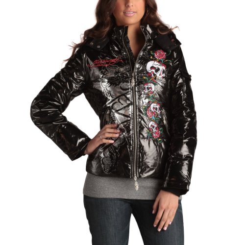 Ed Hardy Womens Skull Roses Puffer Jacket -Black