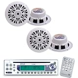 Pyle Marine Radio Receiver and Speaker Package - PLCD9MR AM/FM-MPX In-Dash Marine CD Player w/Full Face Detachable Panel - 2x PLMR52 2 Pairs of 150 Watt 5.25 2 Way Water Resistant White Marine Speakers