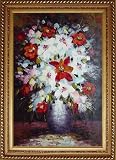 Beautiful Red, White and Pink Flowers in Vase Oil Painting, with Exquisite Dark Gold Wood Frame 42.5 x 30.5 inches