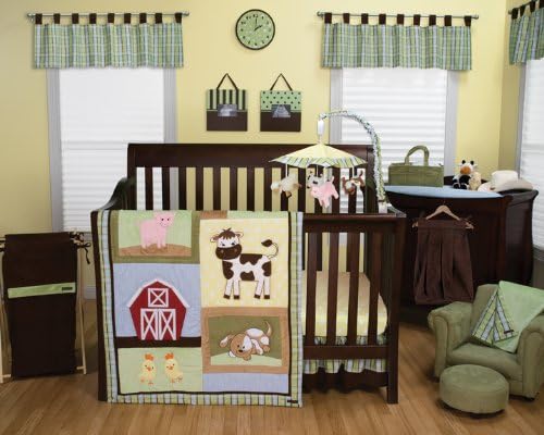 Baby Barnyard - 3 Piece Crib Set, 1 Changing Pad Cover, 1 Storage Caddy, and 2 Window Valances - Entire Set includes: (1) Crib Quilt, (1) Crib Skirt, (1) Crib Fitted Sheet, (1) Changing Pad Cover, (1) Storage Caddy, and (2) Window Valances - Decorate Your Nursery and Save Big By Bundling!
