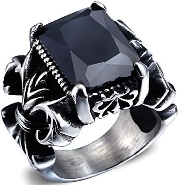 Liuanan Men Big Black CZ Zirco Antique Tibetan Silver Flur de li Fringes Goth Rings Carved Ring (9)