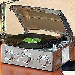 Classic 3-Speed Stereo Vinyl Record Turntable + AM/FM Receiver, 2 Speakers