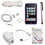 GTMax Purple Soft Rubber Silicone Skin Cover Case + Rapid Car Charger + Home Charger + USB Data Cable + 3.5mm Stereo Headset + Full Front LCD Screen Protector + Stylus Silver for Apple iPod Touch 8GB 32GB 64GB 3rd 3G Generation NEWEST MODEL
