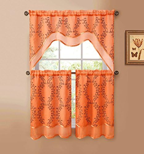 Everwood Embroidered Sheer Kitchen Curtain Tiers &amp; Swag Set - 56x36 &amp; 27x36 (Orange)