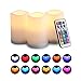 KOBWA LED Flickering Flameless Candles With Color Changing, Remote Control and Auto-off Timer, 100 Hours Working Time, Battery-Operated. 3 Pack, Multi-Color