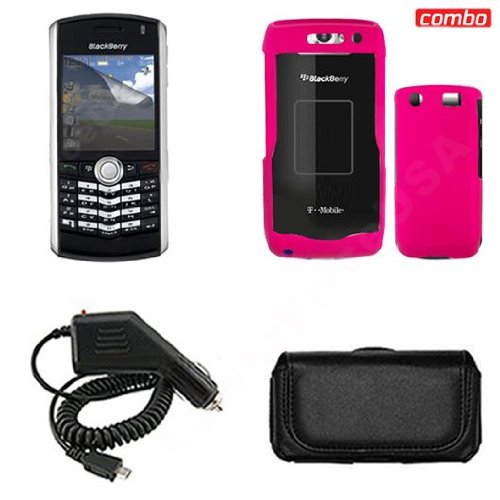 Blackberry pearl 9100 Combo Rubber Feel Hot Pink Protective Case Faceplate Cover + LCD Screen Protector + Rapid Car Charger + Black Horizontal Leather Pouch for Blackberry pearl 9100