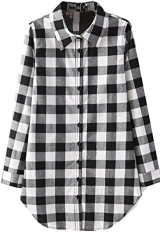 RainBox Women's Mid-Long Style Roll-Up Sleeve Plaid Flannel Shirt Black, Small