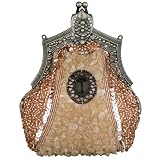 Champagne Antique Victorian Applique Plated Brooch Beaded Clasp Purse Clutch Evening Handbag w/2 Detachable Chains