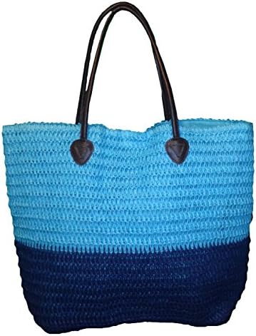 Large 2 Tone Crocheted Straw Beach Bag Tote (Blue-Navy)