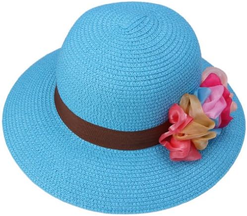 Bigood Sun Beach Floppy Bowler Derby Hat Wide Brim Straw Cap Flower Blue
