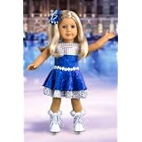 IceDancer-IceSkatingOutfitIncludesBlueLeotardwithDoubleBlueandSilverRuffleSkirt,DecorativeHeadFlowerandWhiteSkates.Fits18inchAmericanGirldolls.