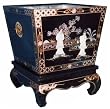 Chinese black lacquer square planter with soapstone figures, tin lined - hand painted