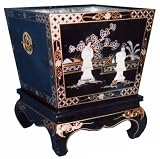 Chinese black lacquer square planter with soapstone figures, tin lined - hand painted