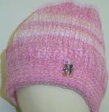 Ht2x, Knitted on Hand Knitting Machine Raspberry and Baby Pink Chenille Stripe Finished By Hand Crochet Infant Cap with Antique Brass Teddy Bear Button