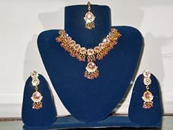 Jewelry for Womens-fashion Jewelry Necklace Set and Earring in Antique Silver Finish and Pink Color Stones 4pc Set (Brand New) Free Shipping