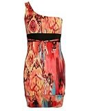 Ladies One Shoulder Knit Dress Red Orange Blue Blue Bushed Look Print