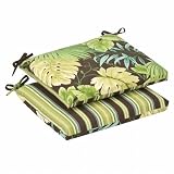 Pillow Perfect Outdoor Green/Brown Tropical/Striped Reversible Seat Cushion, Squared, 2-Pack