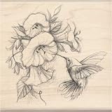Rubber Stamp With Wood Handle-Hummingbird With Flowers