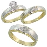 10k Gold 3-Piece Trio His (7mm) & Hers (5.5mm) Diamond Wedding Band Set w/ Rhodium Accent, w/ 0.09 Carat Brilliant Cut Diamonds; (Ladies Size 5 to10; Men's Size 8 to 14)
