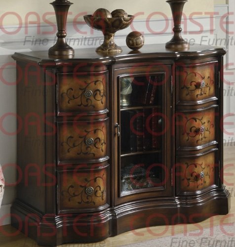 Entry Way Accent Bombe Chest with Glass Cabinet Door in Brown Finish On Sale
