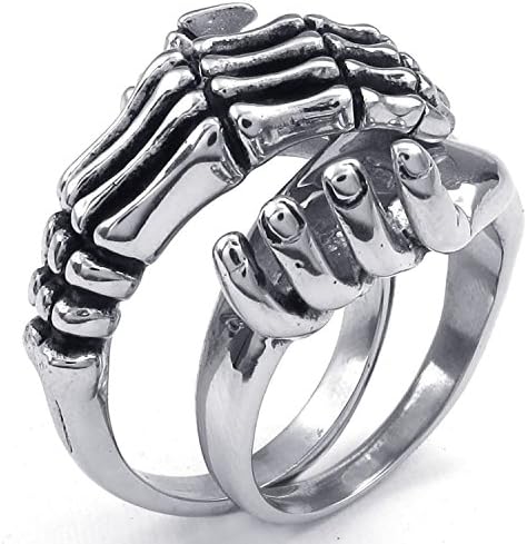 Mygoodie Jewelry Mens Stainless Steel ring, 1 Pair 2pcs Combined Gothic Skull Skeleton Hand, Silver