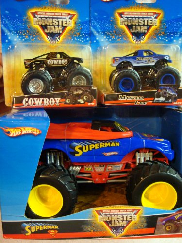 Hot Wheels Durable Diecast Monster Jam Set: Superman With 4 Wheel Suspension 1/24 With Martial Law & Cowboy 1/55